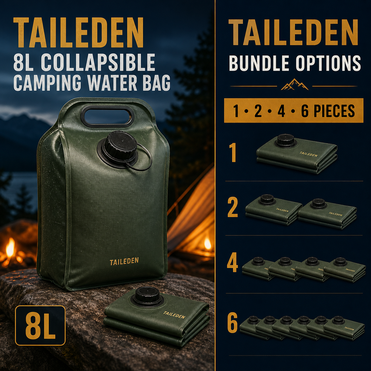 TAILEDEN 8L Collapsible Water Storage Bag for Camping — Bundle options