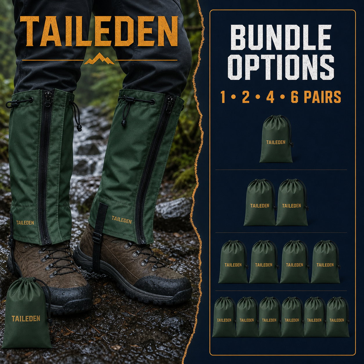 TAILEDEN Lightweight Hiking Gaiters for Wet and Debris-Prone Trails — Bundle options