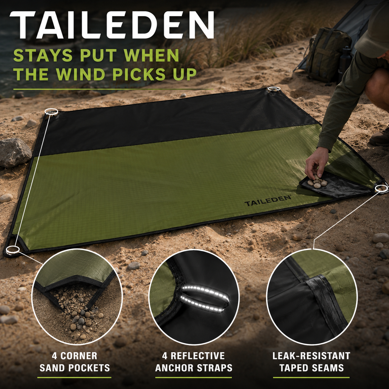 TAILEDEN Waterproof Pocket Picnic Blanket – Compact Sandproof Outdoor Mat