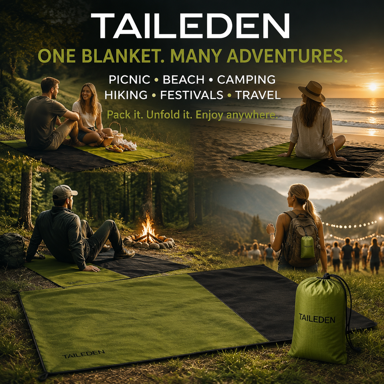 TAILEDEN Waterproof Pocket Picnic Blanket – Compact Sandproof Outdoor Mat
