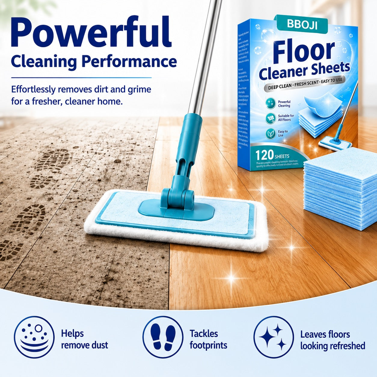 Dirty floor and refreshed floor cleaning comparison