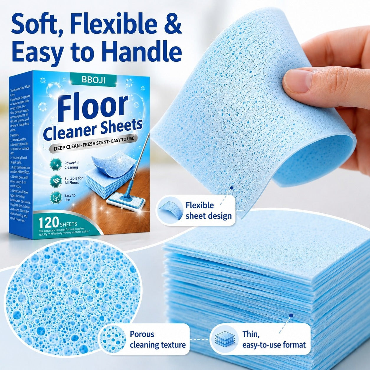 Close-up of flexible porous floor cleaner sheet