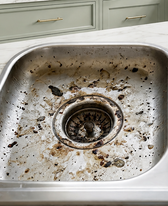 Dirty garbage disposal sink before cleaning