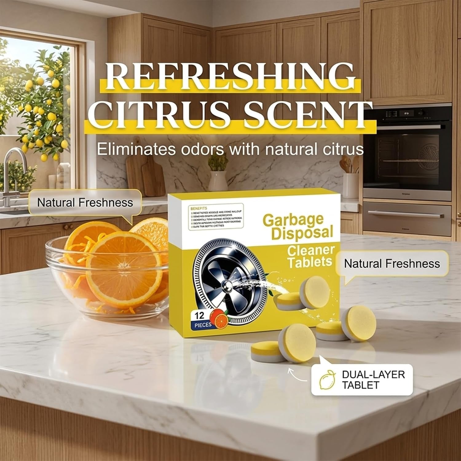 Garbage disposal cleaner tablets with citrus scent in a bright kitchen