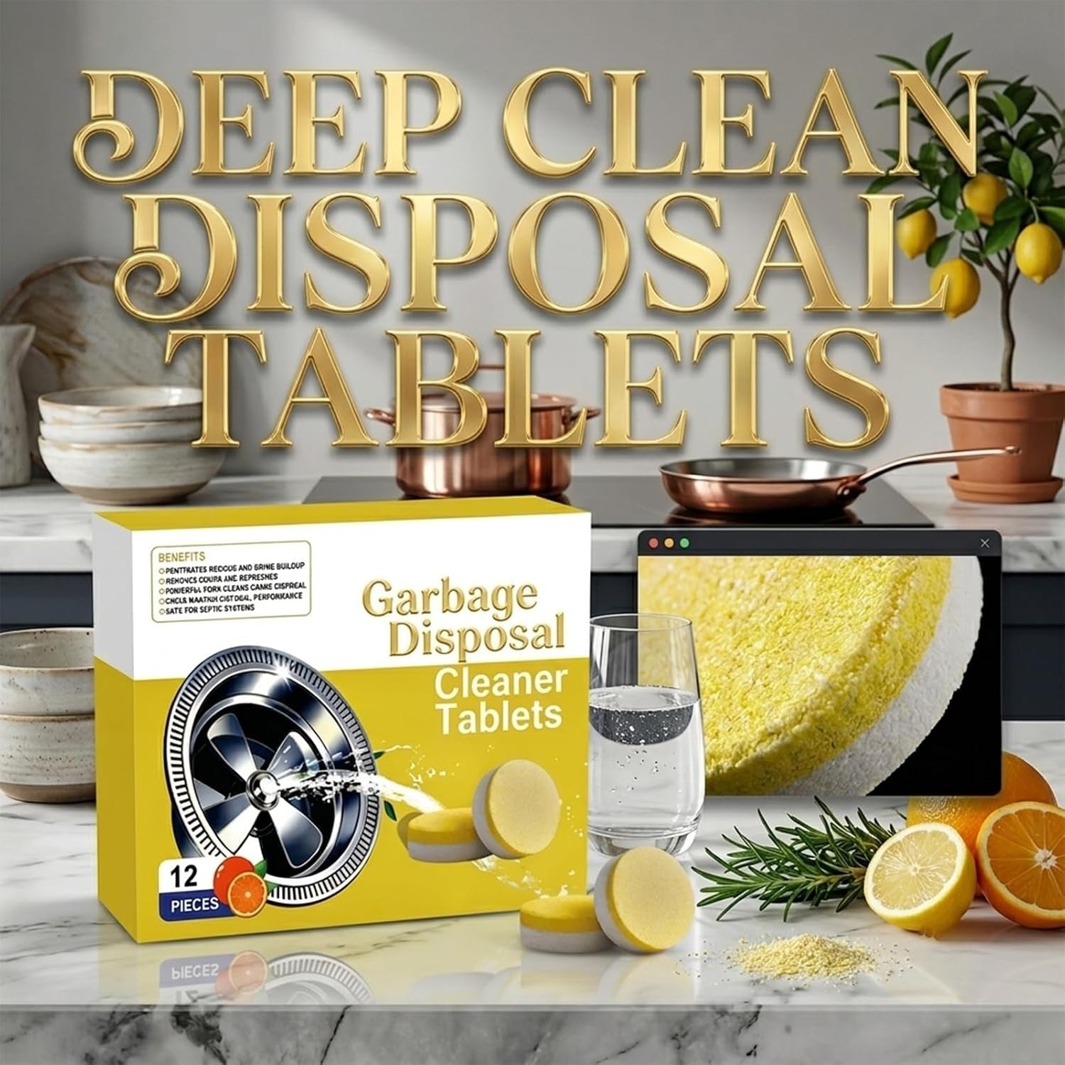 Deep clean garbage disposal cleaner tablets in a kitchen