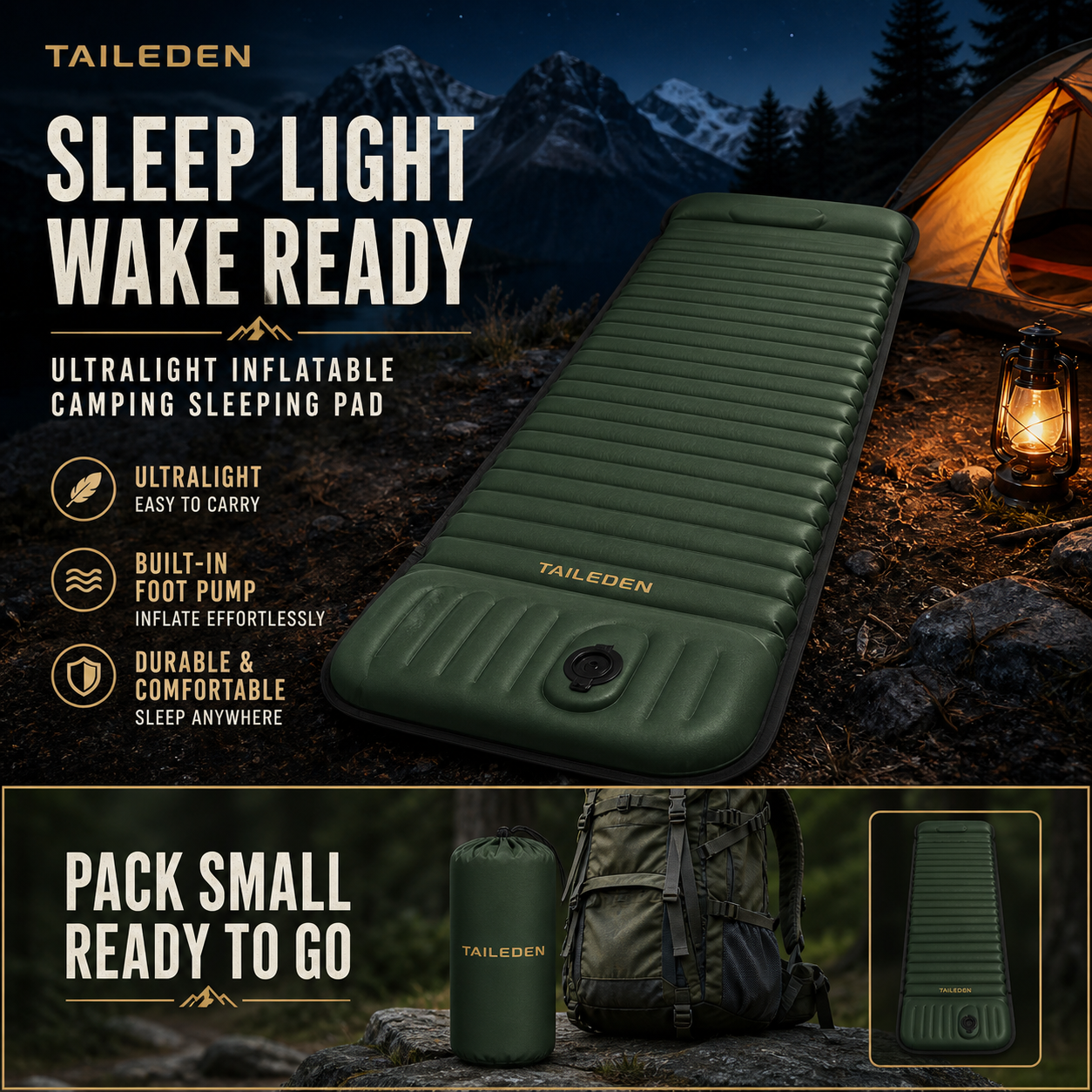 TAILEDEN Foot-Pump Inflatable Sleeping Pad for Camping — Packability