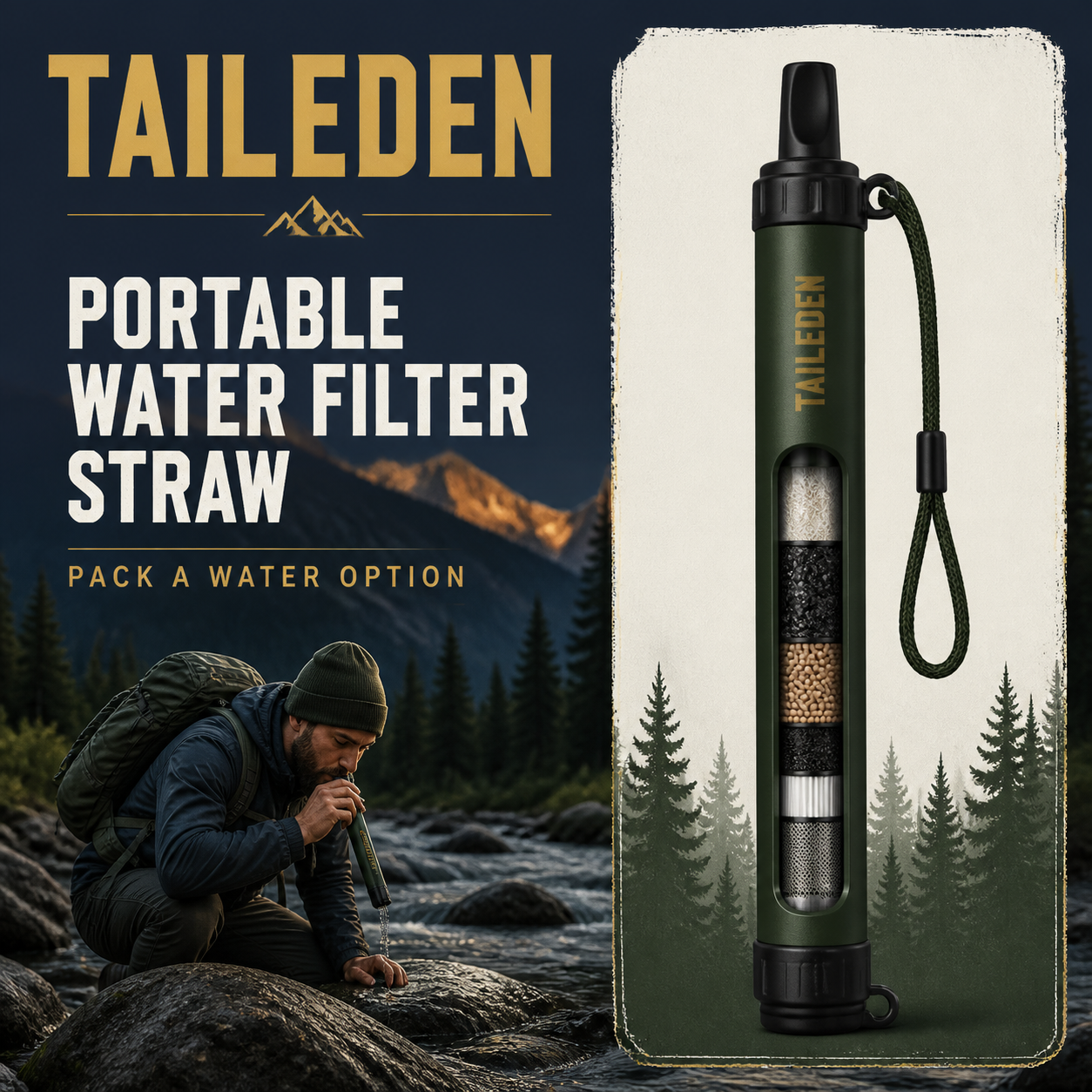 TAILEDEN Portable Water Filter Straw for Hiking and Emergencies — Core feature