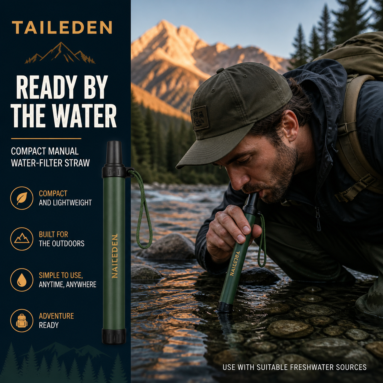 TAILEDEN Portable Water Filter Straw for Hiking and Emergencies feature view