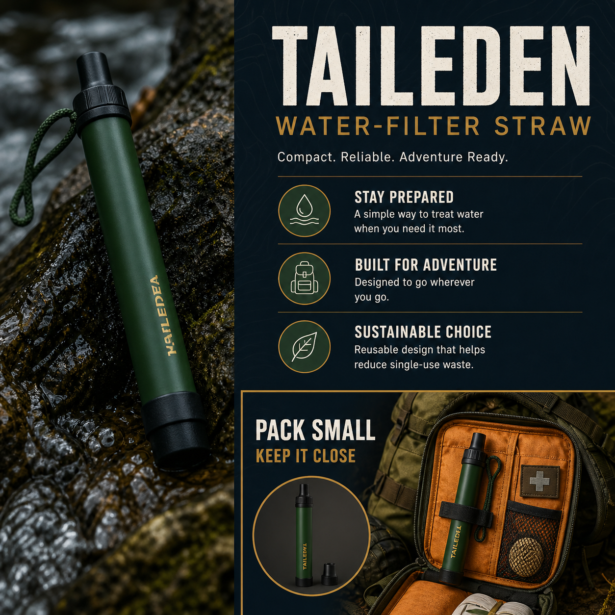 TAILEDEN Portable Water Filter Straw for Hiking and Emergencies — Packability