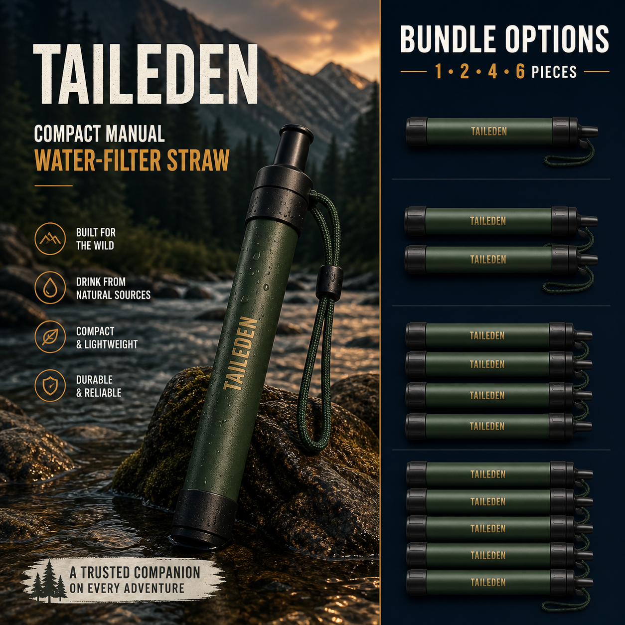 TAILEDEN Portable Water Filter Straw for Hiking and Emergencies — Bundle options