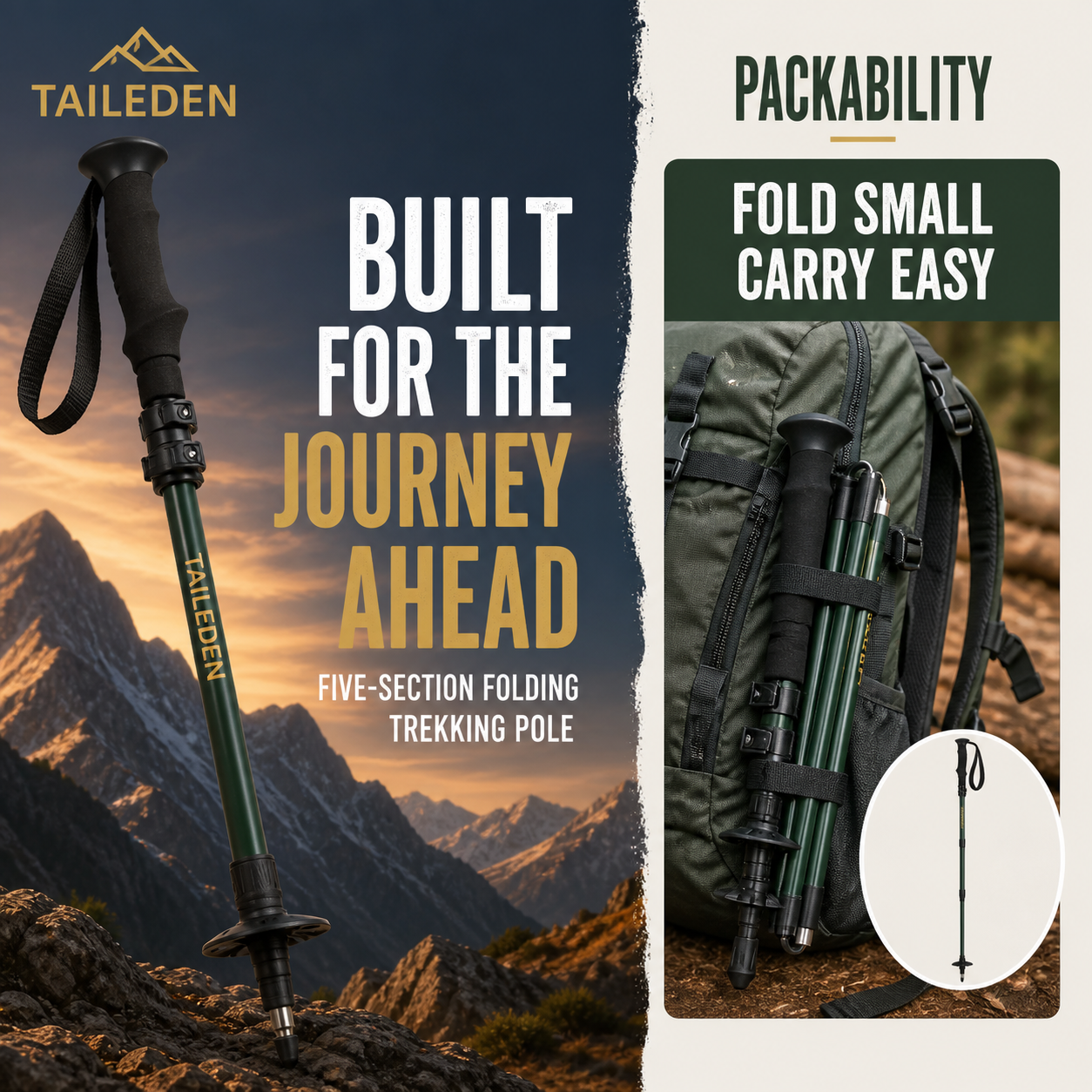 TAILEDEN Five-Section Folding Trekking Pole for Hiking detail view