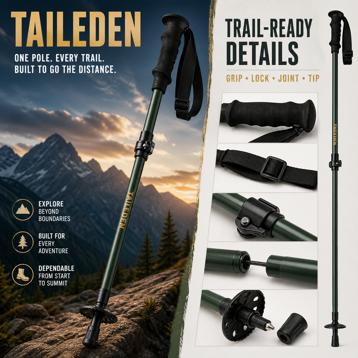 TAILEDEN Five-Section Folding Trekking Pole for Hiking — Product details