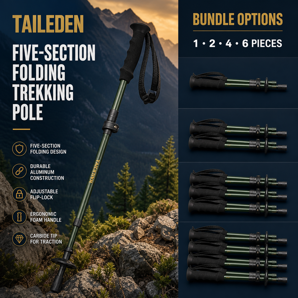 TAILEDEN Five-Section Folding Trekking Pole for Hiking — Bundle options