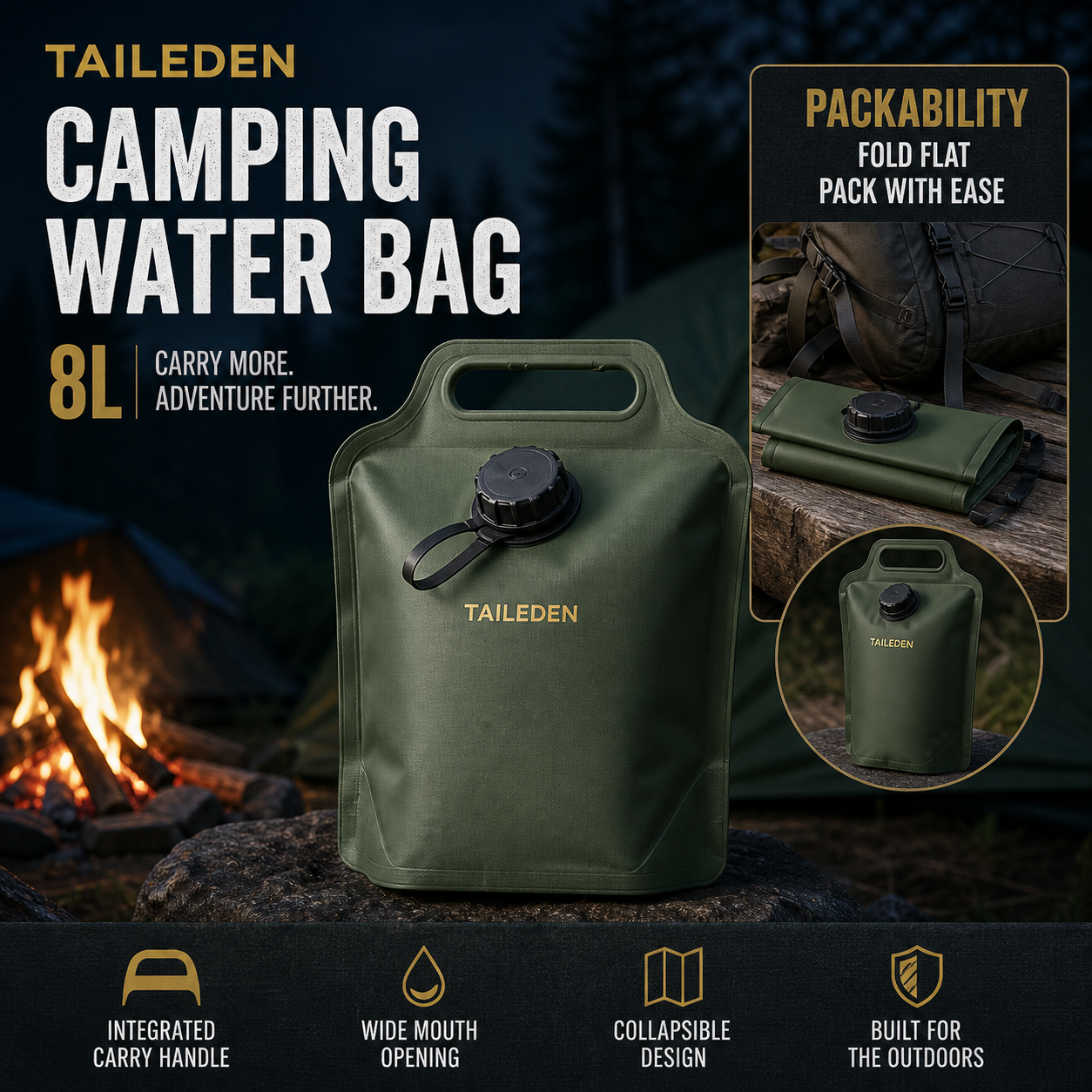 TAILEDEN 8L Collapsible Water Storage Bag for Camping — Packability