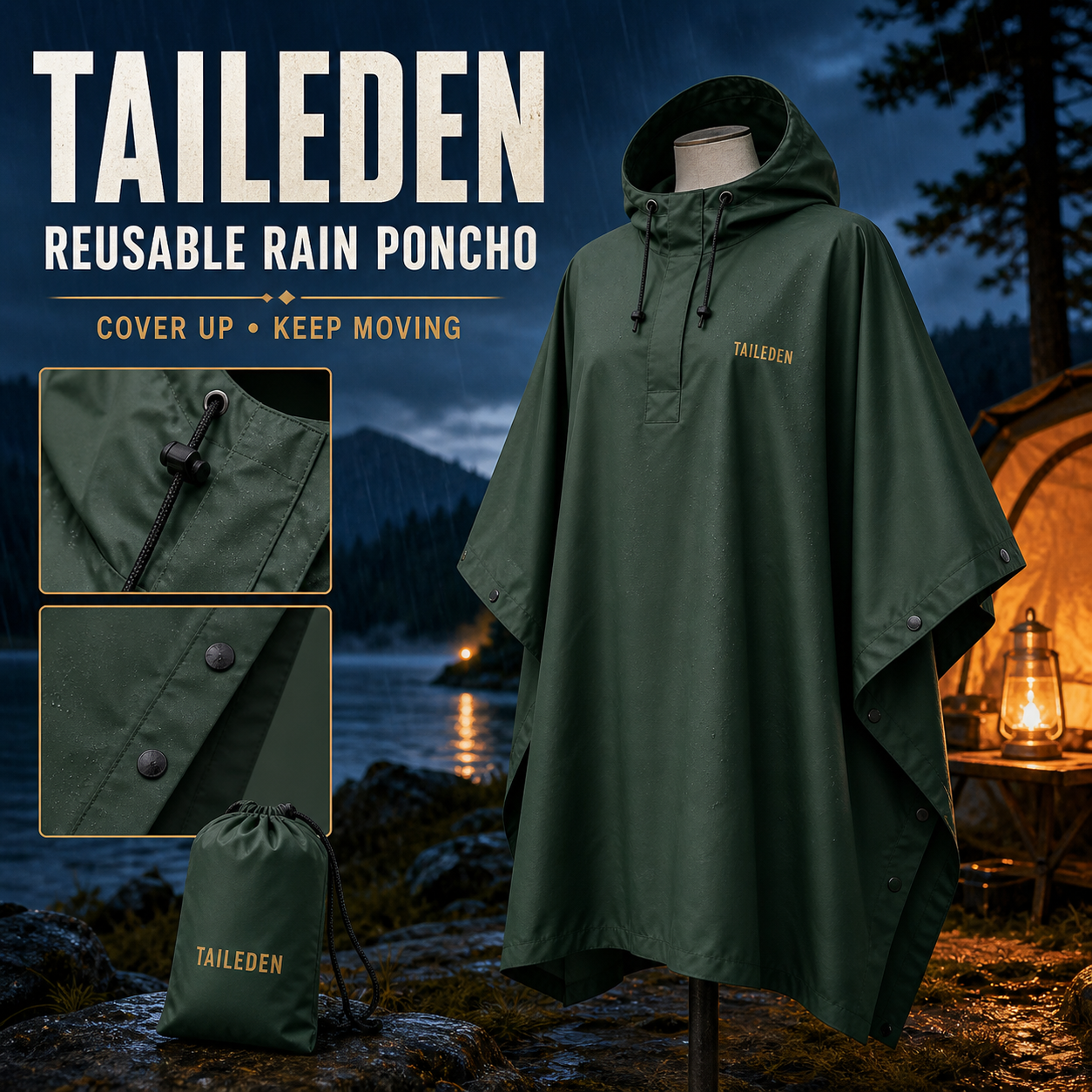 TAILEDEN Reusable Rain Poncho for Hiking and Camping — Core feature