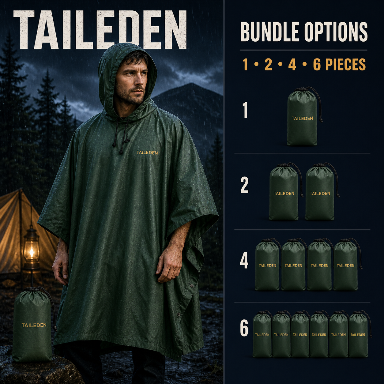 TAILEDEN Reusable Rain Poncho for Hiking and Camping — Bundle options