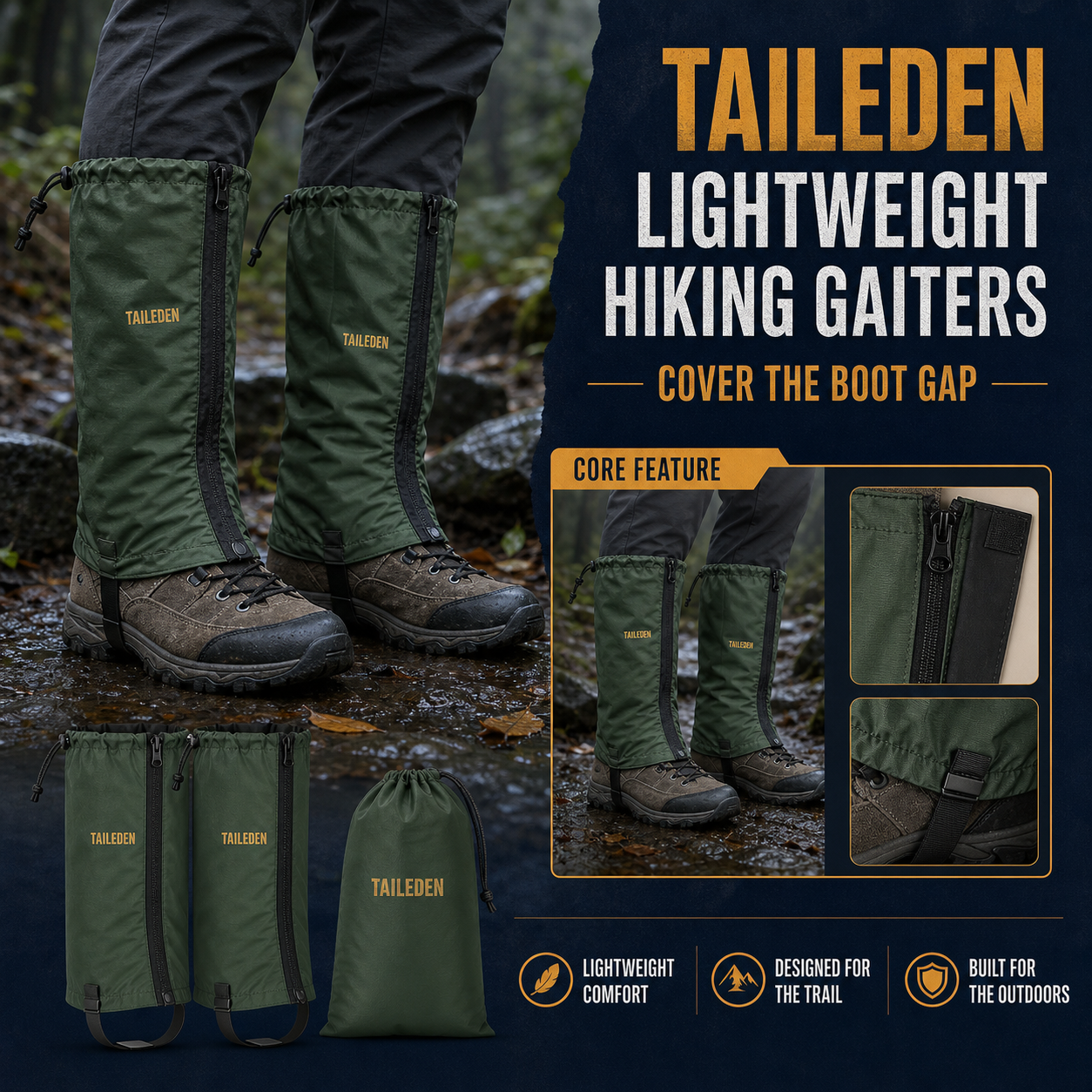 TAILEDEN Lightweight Hiking Gaiters for Wet and Debris-Prone Trails — Core feature