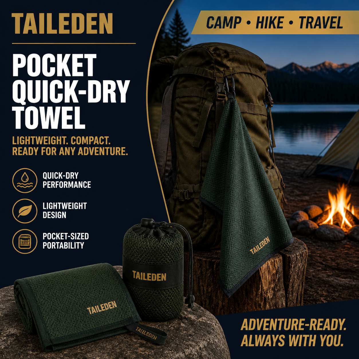 TAILEDEN Pocket Quick-Dry Towel for Camping and Travel — Outdoor lifestyle