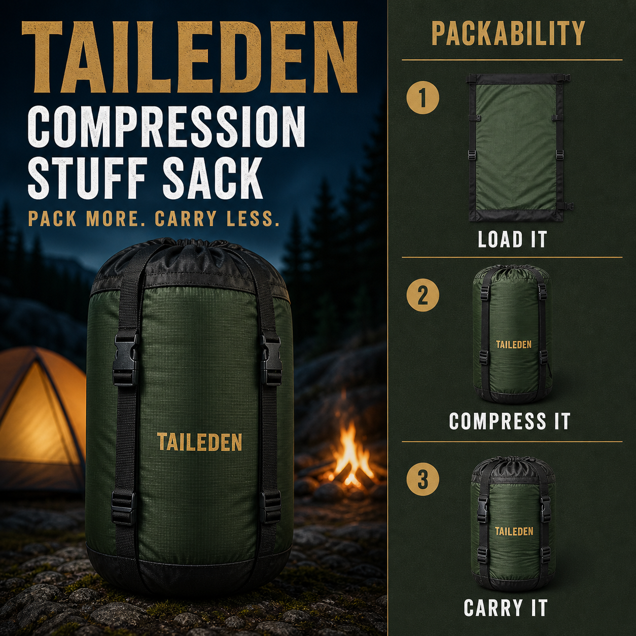 TAILEDEN Sleeping Bag Compression Stuff Sack for Camping — Packability