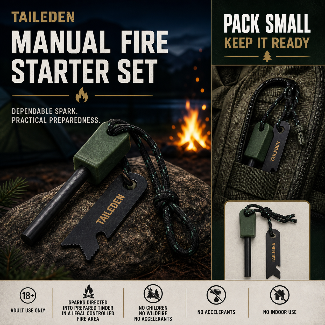 TAILEDEN Magnesium Fire Starter for Camping and Emergency Kits detail view