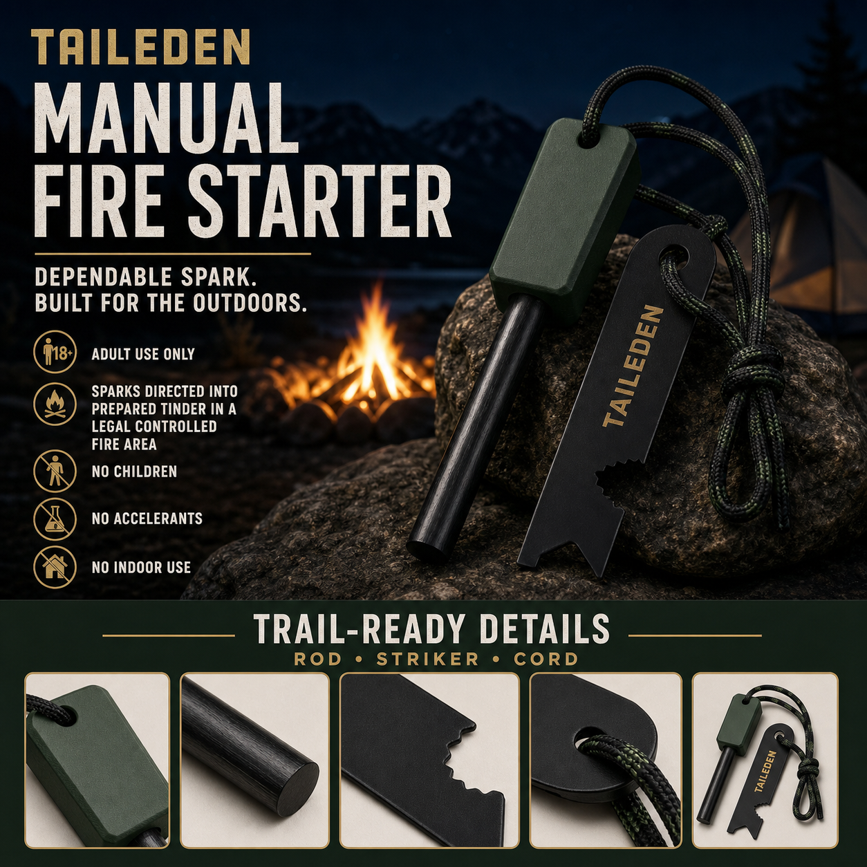 TAILEDEN Magnesium Fire Starter for Camping and Emergency Kits — Product details