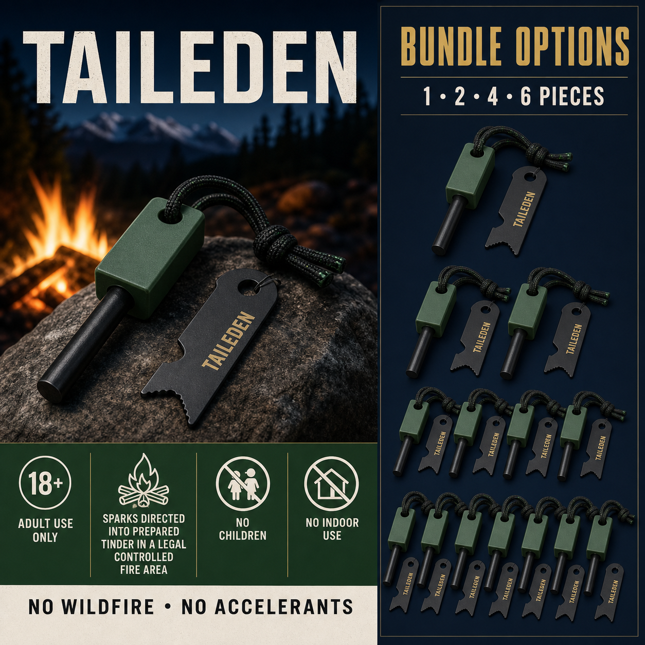 TAILEDEN Magnesium Fire Starter for Camping and Emergency Kits — Bundle options