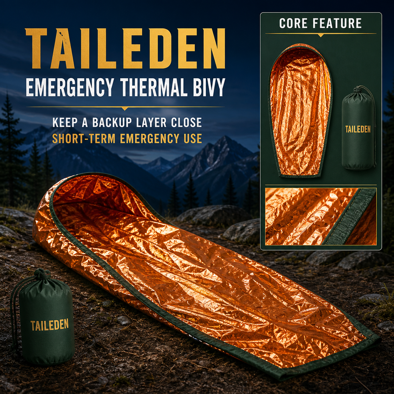 TAILEDEN Pocket Emergency Thermal Bivy for Outdoor Kits — Core feature
