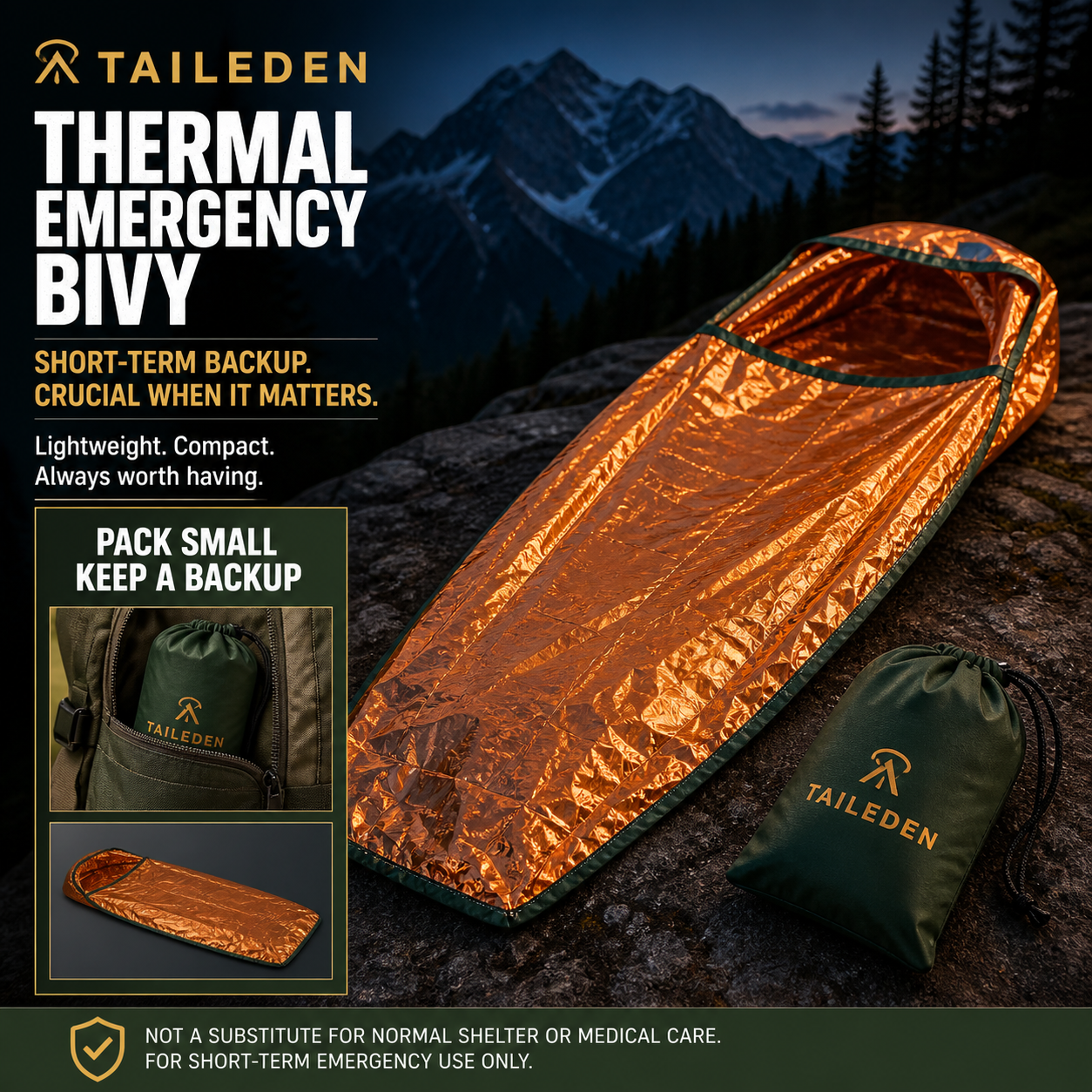 TAILEDEN Pocket Emergency Thermal Bivy for Outdoor Kits — Packability