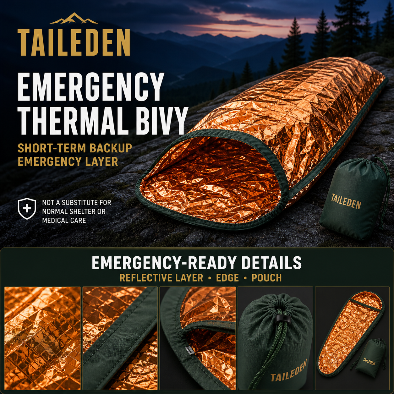 TAILEDEN Pocket Emergency Thermal Bivy for Outdoor Kits — Product details